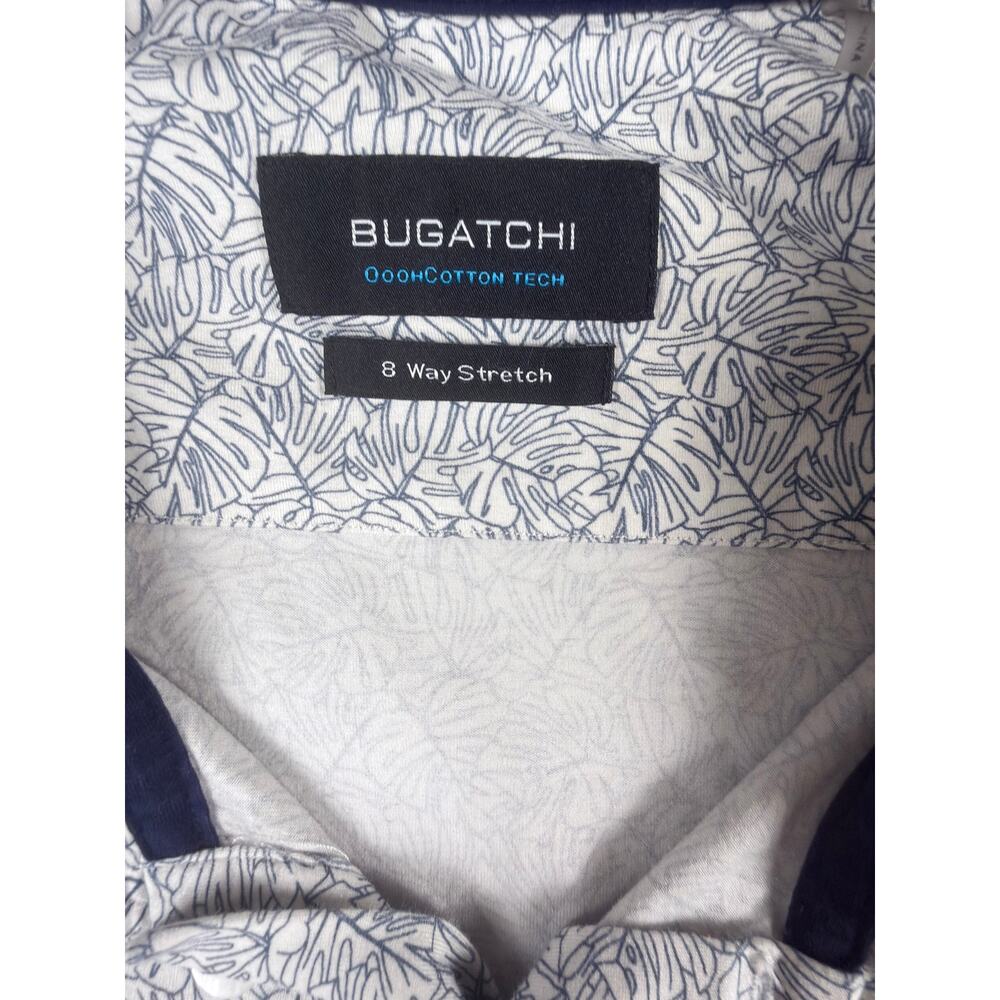 Bugatchi OoohCotton Tech Polo Men’s Size L White Blue Leaf Print 8-Way Stretch - Picture 2 of 10